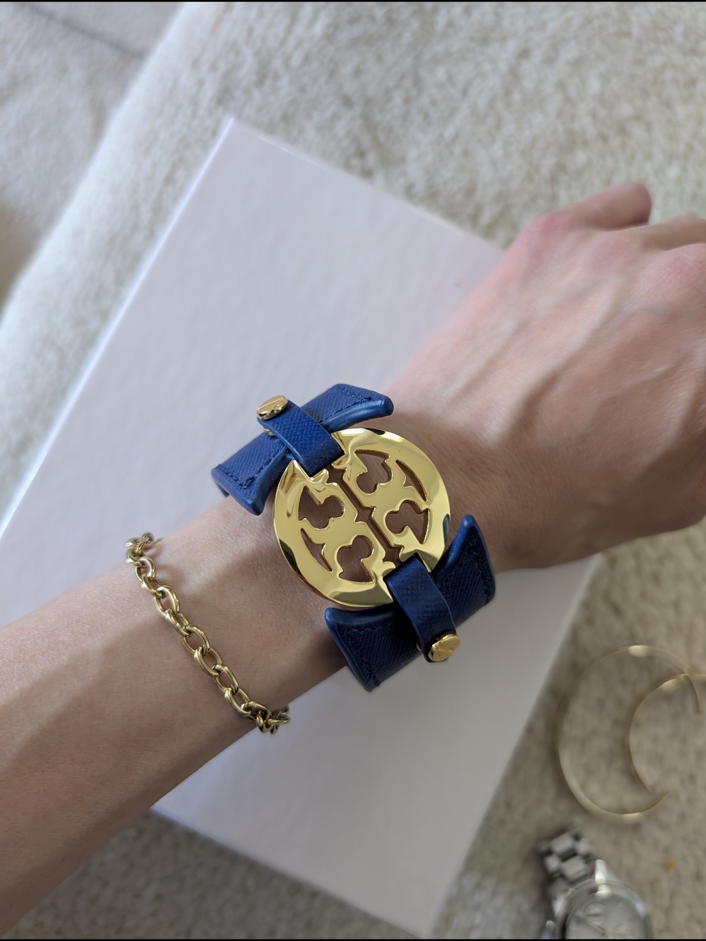 Tory Burch Blue Leather Bracelet with Gold Logo